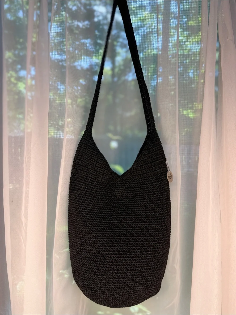 The Sak Black Woven Crochet Hobo Shoulder Crossbody Bag Slouchy Tote EUC